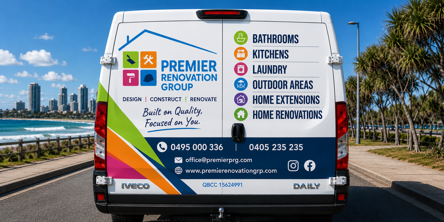 Premier Renovation Group service van displaying renovation services and contact details